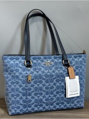 Coach Denim Signature Tote in Light Blue with Navy Handles